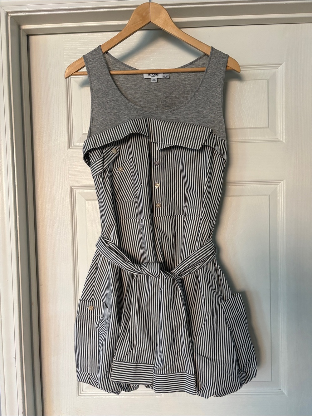 Moschino Gray and White Striped Sleeveless Belted Mini Dress with Knit Top